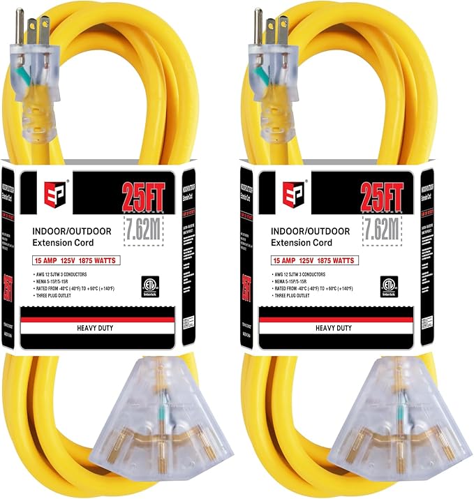 EP 2 Pack 25 Ft 12 Gauge Heavy Duty Extension Cord, 15A 125V 1875W, 3 Outlet Indoor/Outdoor Power Cord with Lighted End, 12/3 SJTW Weatherproof Yellow