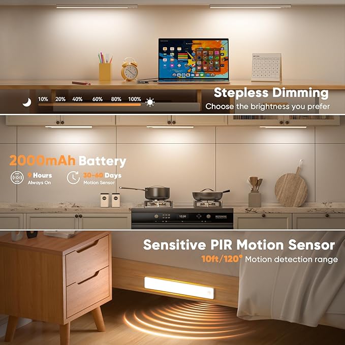 Under Cabinet Lighting, USB Rechargeable Motion Sensor Light Indoor, Battery Operated Closet Light, LED Cabinet Lights, Stick On Dimmable Under Counter Lights for Kitchen (2-Pack)