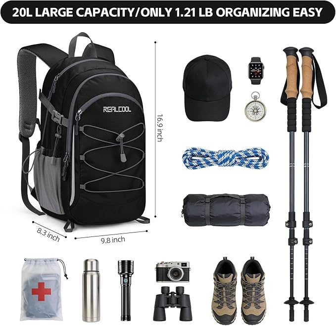 RealCool Hiking Backpack for Men Women,20L Lightweight Waterproof Travel Camping Backpack Hiking Daypack for Cycling Running,Black