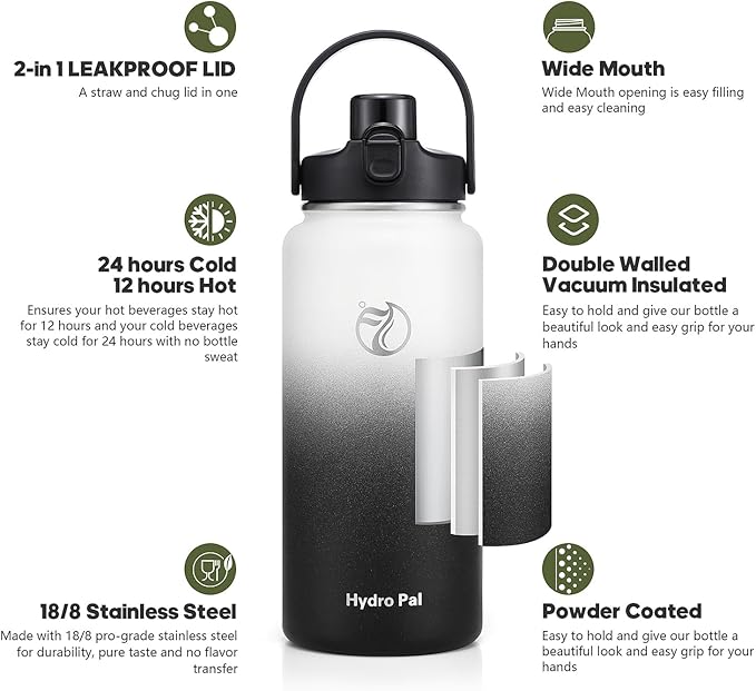 64oz Half Gallon Insulated Water Bottle with 2-in-1 Lid (Chug & Straw), Double Walled Vacuum Stainless Steel Water Bottles, Wide Mouth Leakproof Insulated Jug with Straw