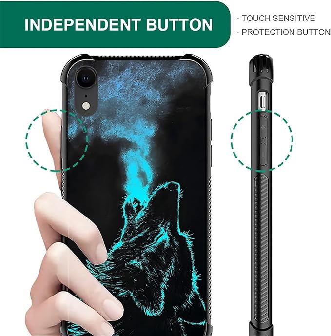 for iPhone XR Case, Blue Breathing Wolf Pattern Graphic Design Girl Boy Soft Silicone Hard Acrylic Shock Protection for iPhone XR