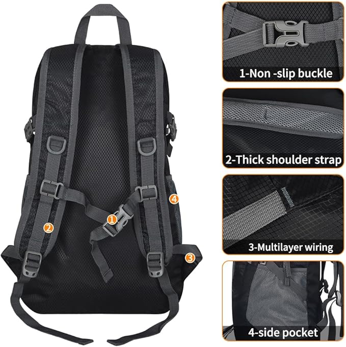 30L Large capacity Lightweight Packable Foldable Backpack，women and men Hiking backpack，Outdoors Travel Backpack (Black)