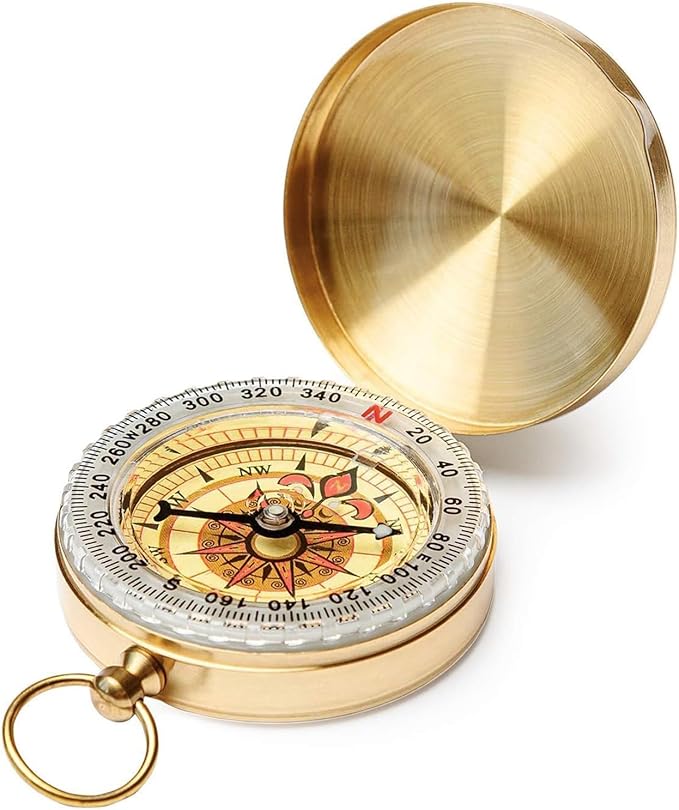 Brass Pocket Compass with Luminous Dial, Golden Vintage Pocket Watch Style Compass, Sports Waterproof Navigation Maganetic Compass with Key Ring for Outdoors Camping Hiking Survival