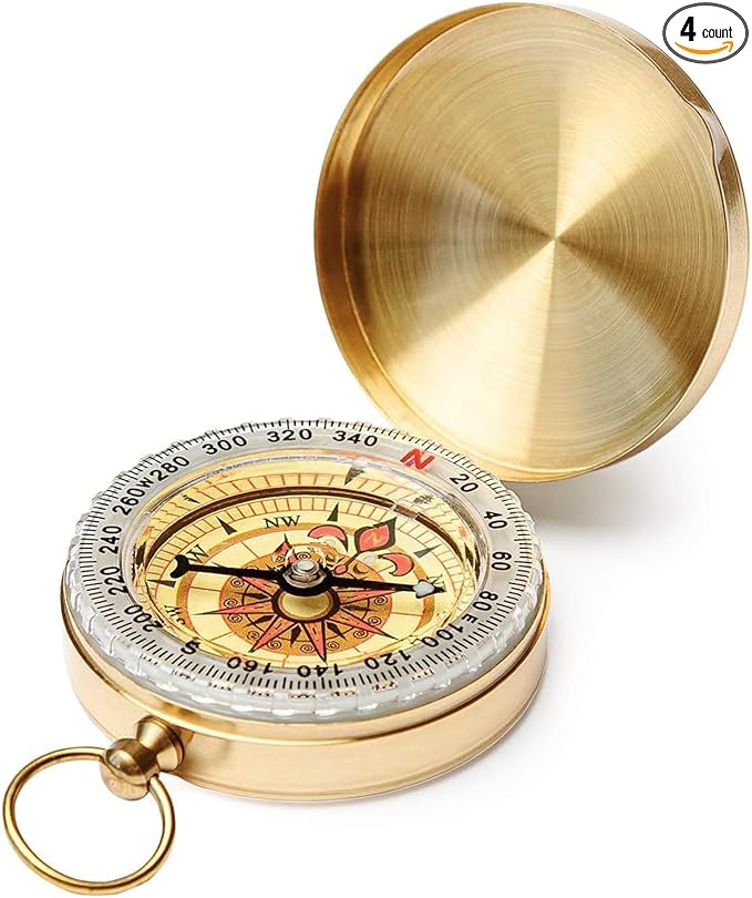 Brass Pocket Compass with Luminous Dial, Golden Vintage Pocket Watch Style Compass, Sports Waterproof Navigation Maganetic Compass with Key Ring for Outdoors Camping Hiking Survival