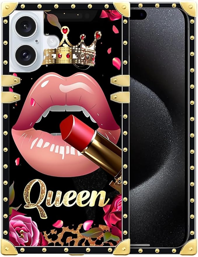 Compatible with iPhone 16 Plus Case, Glitter Red Rose Queen Leopard Lipstick Luxury Golden Decoration for Girl Women Soft TPU Shockproof Protective Hard PC Back