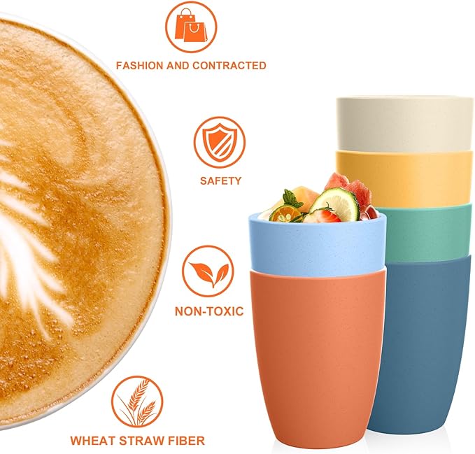 Homienly Water Cups Wheat Straw Drinking Glasses Cups 12oz Unbreakable Cups,Microwave and Dishwasher Safe Cup Set,6 PCS Stackable Cups for Kitchen,Camping-Colorful