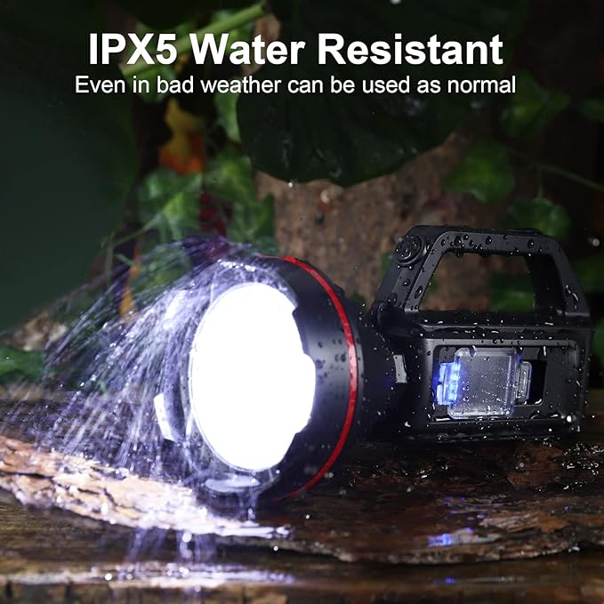 Rechargeable Spotlight Flashlight, High Lumens Handheld Spotlight,LED Searchlight with Shoulder Strap and USB Output for During Hurricane,Emergency, Storms, Outages,Hunting , Hiking, Camping(Black1)