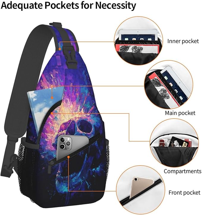 Trippy Skull Sling Bag Crossbody Travel Hiking Chest Backpack Shoulder Daypack For Women Men