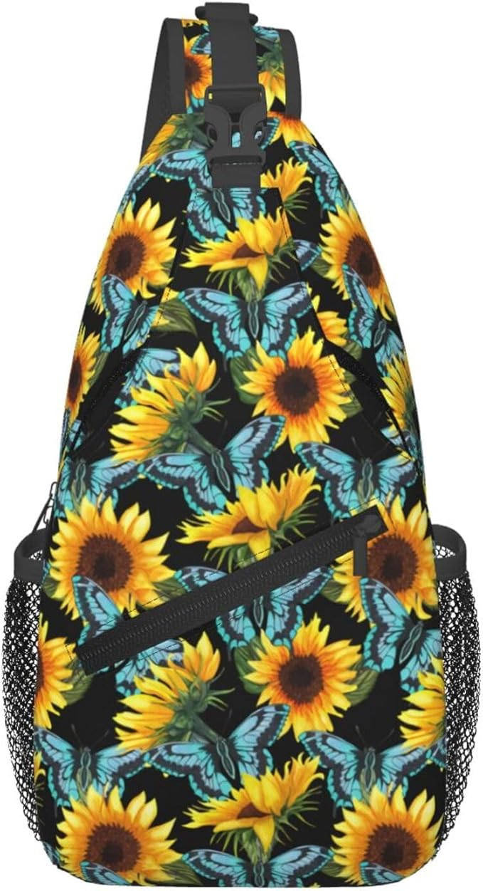 Sunflower And Blue Butterfly Sling Bag For Women Men Fashion Print Backpack Crossbody Shoulder Bag Sling Backpack Chest Bag Travel Hiking Casual Sport Daypack