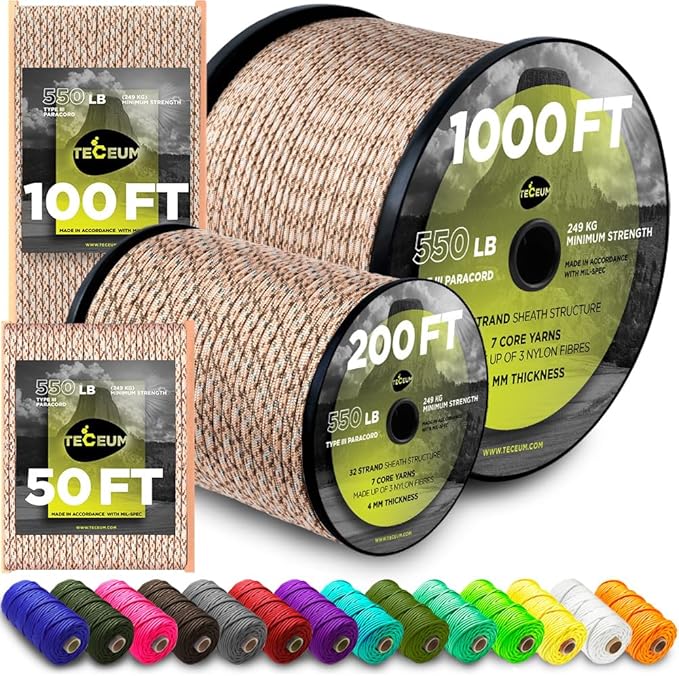 TECEUM Reflective Paracord Rope 1000 – 1000ft/200ft/100ft/50ft – 40+ Colors – Glow in The Dark – para Cord – Utility Rope for Survival, Hunting & Camping Gear – Nylon String, Camping Rope, Tent Cord