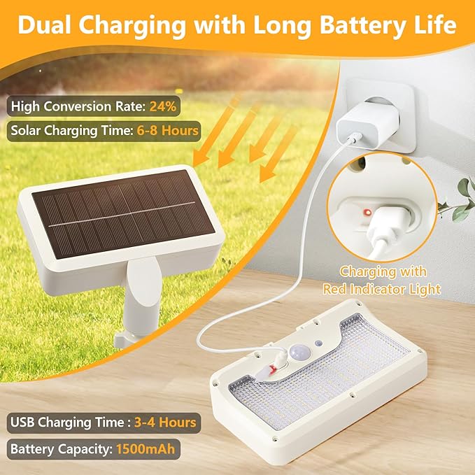 Clip On Solar Lights Outdoor with Motion Sensor, 360°Rotatable & Vertically Adjustable Solar Fence Lights with 92 LEDs (600 LM, 3000 K),IP65 Waterproof Security Light for Deck, Gutter（White, 1 Pack）