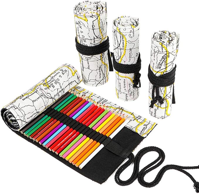 Funny live 24/36/48/72 Slots Colored Pencil Wrap Roll up Pen Holder Case Drawing Coloring Pencil Roll Organizer Stationery Case for Student Artist Traveler (Map, 36 Slots)