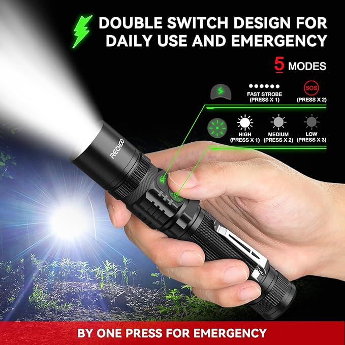 RECHOO Flashlight Rechargeable High Lumens, Dual Switch Rechargeable LED Flashlight 1 Pack, Adjustable Foucs 5 Lighting Modes Flashlights for Home, Camping, Gifts for Men