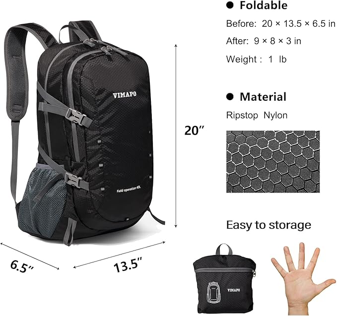 Packable Lightweight Backpack 40L, Ripstop Nylon Foldable Traveling Daypack, Collapsible Hiking Backpack For Outdoor(Black)