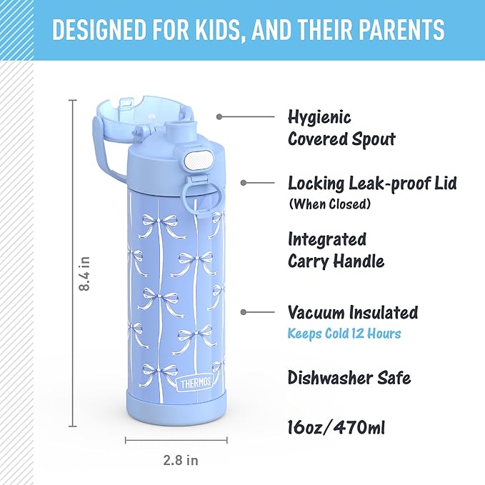 THERMOS FUNTAINER 16 Ounce Stainless Steel Vacuum Insulated Bottle with Wide Spout Lid, Blue Bows