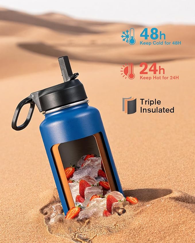 Coolflask Water Bottle 40 oz Insulated with Straw, Stainless Steel Metal 3 Lids Water Flask for Sports or Office, Keep Cold 48H Hot 24H, King's Blue