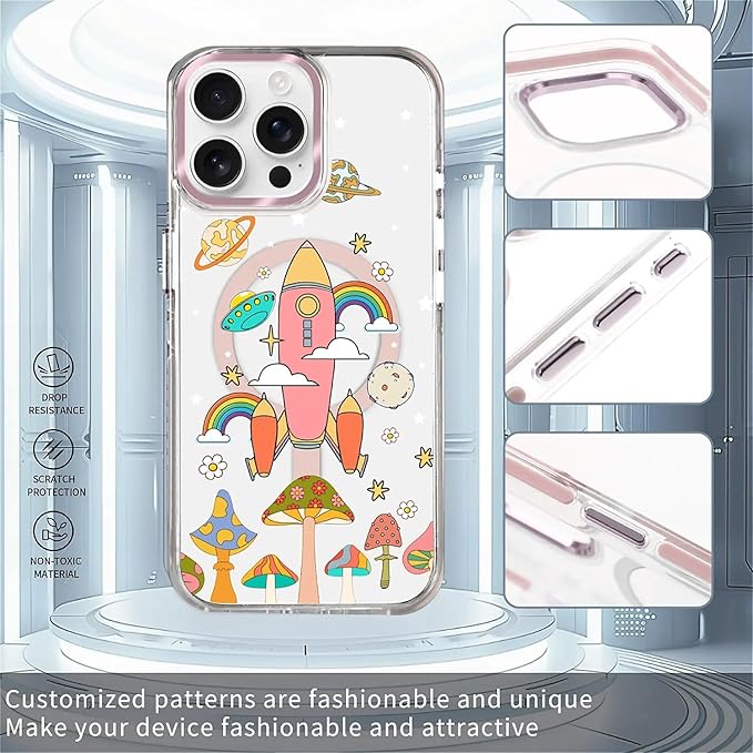 Case for iPhone 14 Pro,[Compatible with MagSafe],Spaceship Mushroom Phone Case Design，for Women Girls Magnetic Clear Cover - Slim, Sleek, & Shockproof Protection