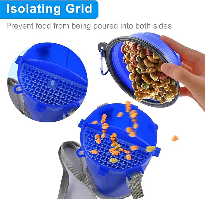Dog Travel Water Bottle Collapsible Bowls, 2 in 1 Pet Food Container with Collapse Bowls, Outdoor Portable Water Bowls for Walking, Traveling, Camping and Hiking (Blue)