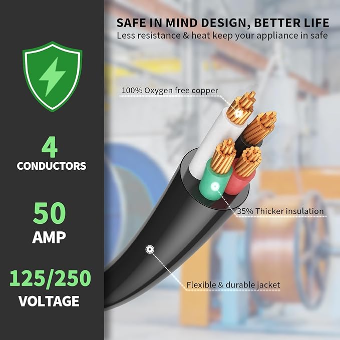 POWGRN NEMA 14-50P to NEMA 14-50R 50 Amp RV/EV Extension Cord 50 FT Outdoor with Grip Handle, Flexible Heavy Duty RV Power Cord Waterproof, 50A 125/250V 6250/12500W STW, Black-Green, ETL Listed