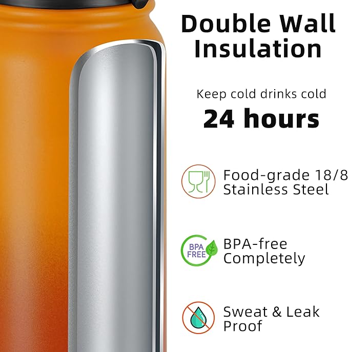 Fanhaw 32 oz Insulated Stainless Steel Water Bottle with Straw Lid, Leakproof Sports Bottle for Men, Women & Teens (Yellow Orange)