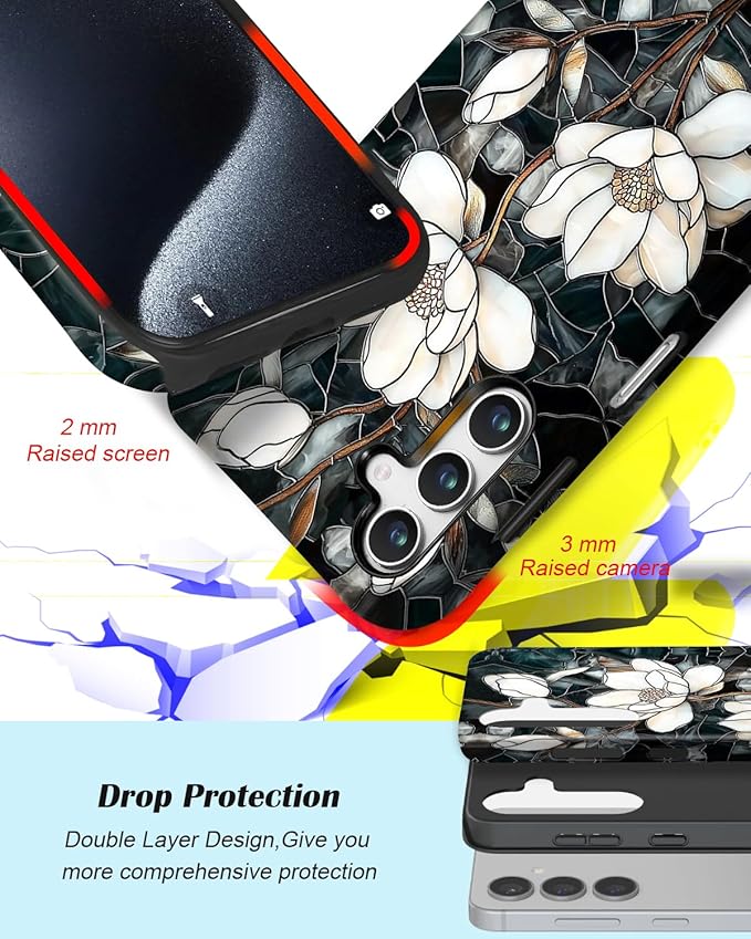 Compatible for Samsung Galaxy S25 Ultra 5G Case, Dual Layer Heavy Duty 2 in 1 Shockproof Protective Phone Case,Stained Glass White Magnolia