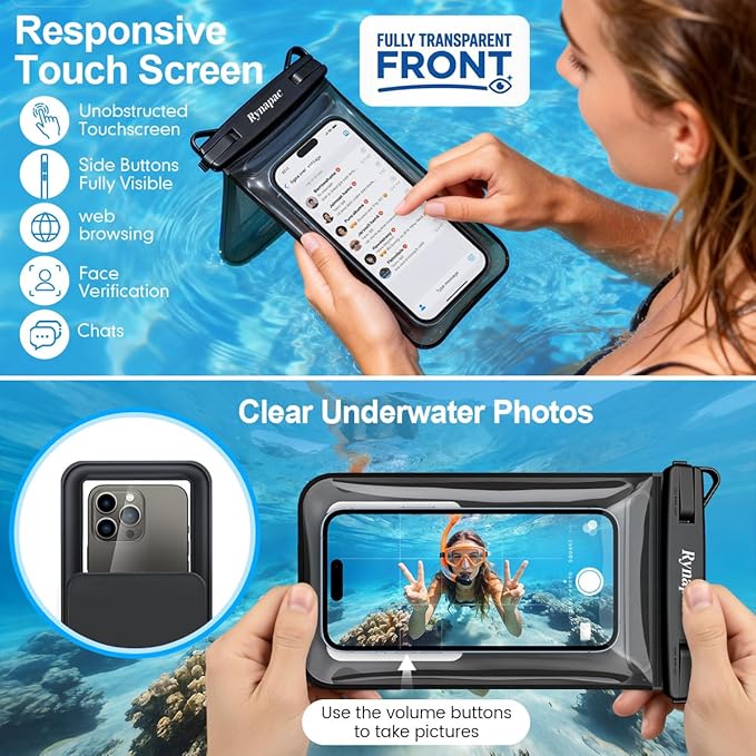 Rynapac IPX8 Waterproof Phone Pouch Floating, [Up to 8.5''] Double Space Waterproof Phone Case with Adjustable Lanyard for iPhone 17 16 15 Pro Max, Cell Phone Dry Bag for Beach Cruise Ship Essentials