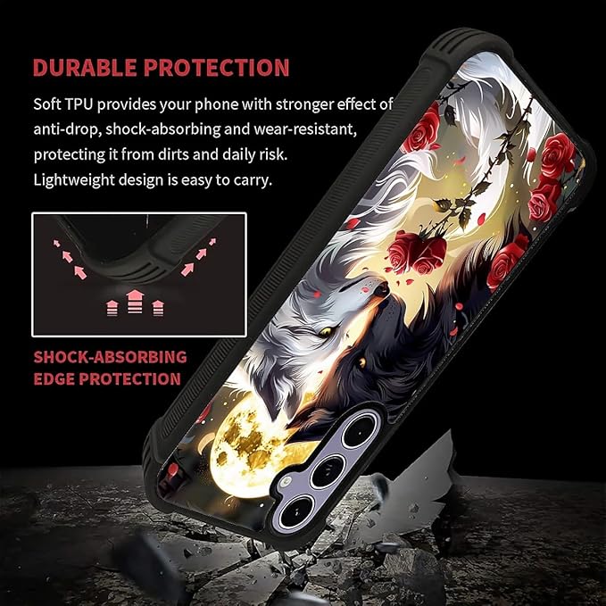 for Samsung Galaxy S24 S25 Case, Black White Wolf Moon Flower Rose Pattern Graphic Design Girl Boy Soft Silicone Hard Acrylic Shock Protection for Samsung Galaxy S24 S25