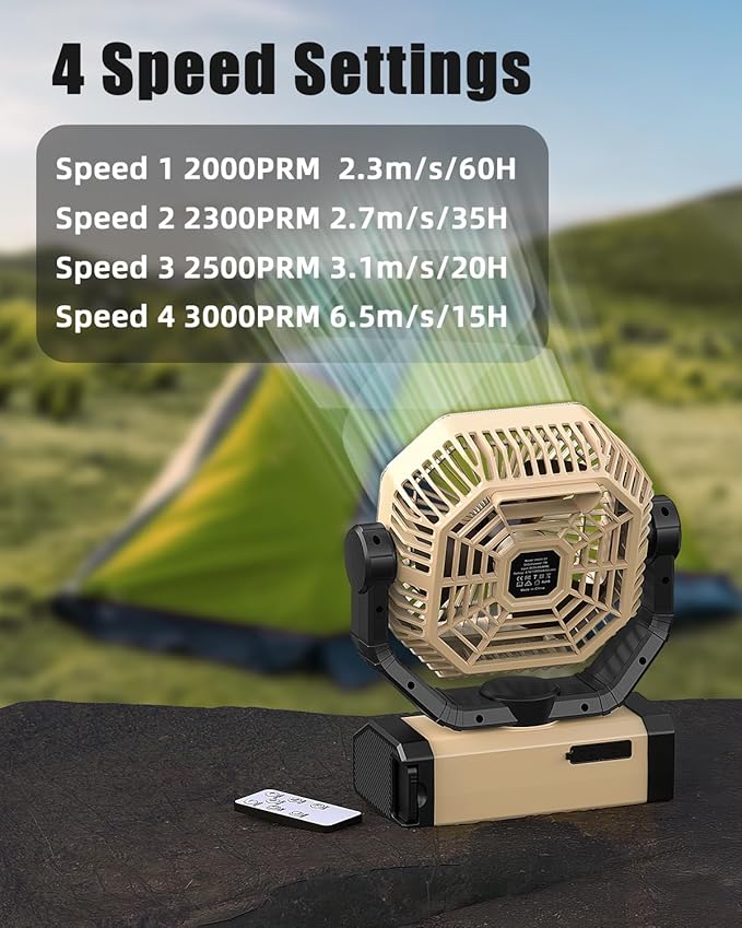 Orteen Camping Fan Rechargeable - 9-Inch Battery Powered Fan, 24000mAh(60Hrs) Battery Operated for Camping, Auto Oscillation Cordless, Tent Fan with Remote/Light, 4 Speeds, 4 Timing, Outdoor