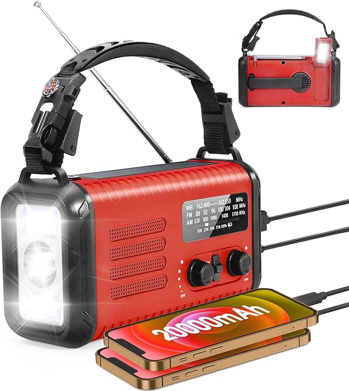 Emergency Hand Crank Solar Radio 20000mAh with Clear Signal, AM FM NOAA Weather Radio Battery Operated with 2-Mode LED Flashlight Cell Phone Charger Dual Outputs SOS for Emergencies