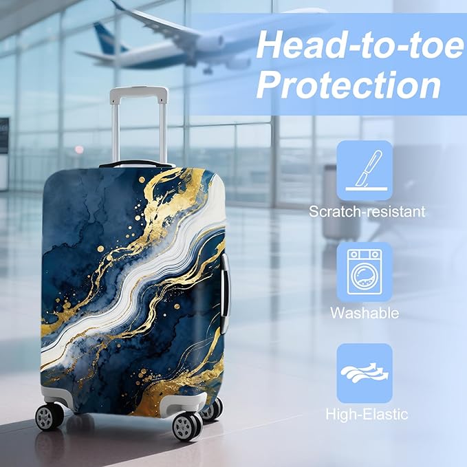 ANNA QUEEN Blue Abstract Marble Travel Luggage Cover -Stretchable Airplane Suitcase Protector Sleeve,Universal Washable Fit for 20-22 Inch Checked Baggage,Water Resistant Durable Luggage Protector