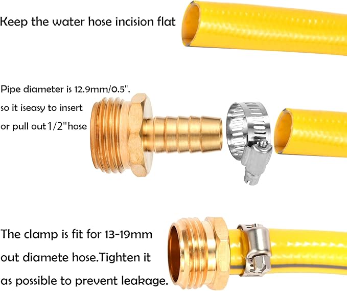 Brass Garden Hose Connector Repair Mender Kit with Stainless Clamp,Fits 1/2" Water Hose Fitting (1/2" Barb x 3/4" GHT)