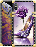 Compatible with iPhone XR Case, High Heeled Purple Diamond Rose Luxury Golden Decoration for Girl Women Soft TPU Shockproof Protective Hard PC Back for iPhone XR