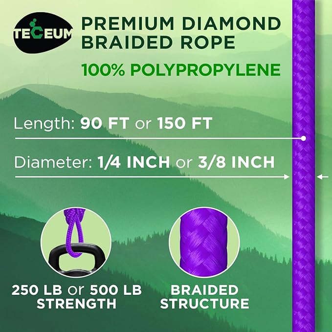 TECEUM Rope – 150 Feet x 1/4 Inch (7mm) – Purple – Strong All-Purpose Utility Rope – Camping, Crafting, Flag Pole, Indoor & Outdoor – Polypropylene Nylon Poly Lightweight Diamond Braided Cord
