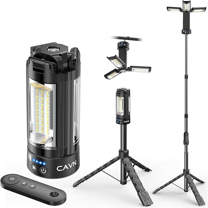 CAVN Rechargeable Camping Lights with Remote & Detachable Tripod Max Height 6.0 ft, Portable Work Light with 3 LED Lamp Heads, Camping Essentials Gear Emergency Flashlight with Hook, Black