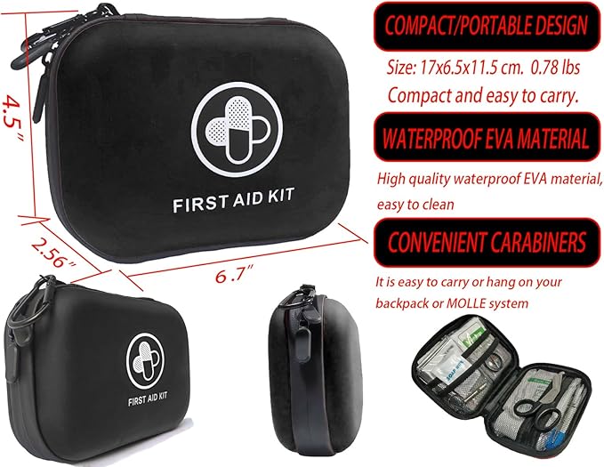 First Aid Kit 150 Piece Waterproof Hard Shell Emergency Medical Kit for Home, Camping, Hiking, Sports, Office, Adventure Portable IFAK Kits (Black)