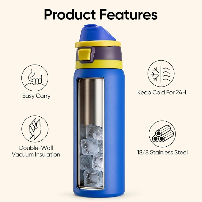 Fijinhom 32 oz Insulated Water Bottle with 2-in-1 Straw and Spout Lid, Stainless Steel Double Wall Vacuum Flask, Sports Water Bottle Keeps Cold 24H, Leak Proof for Gym, Outdoor, Travel (Blue)