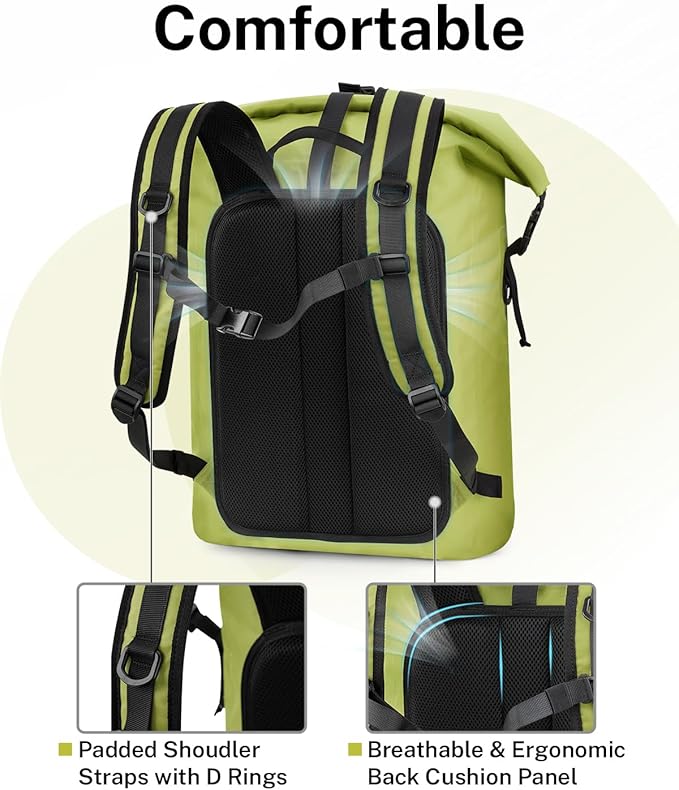 Gonex Ultralight Waterproof TPU Backpack, 35L Roll Top Dry Bag with Comfortable Padded Back Panel for Kayaking Boating Camping Fishing Travel,Green