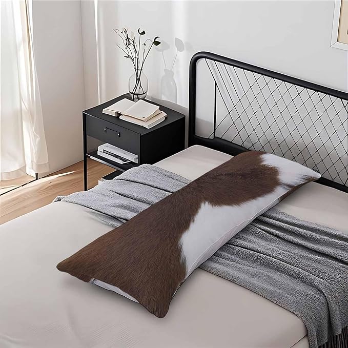 Decorative Home Body Pillow Covers Brown Cowhide, Body Pillow Cushion Cases Cow Skin Hairy Cattle Skin Lumbar Pillow Cover Body Pillowcase for Bedroom Couch Sofa 20x54 Inch