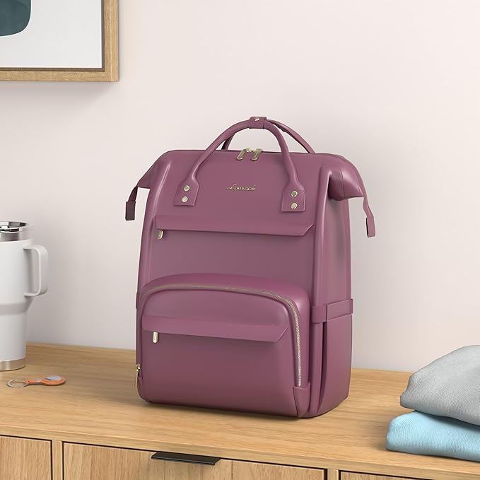 LOVEVOOK Leather Laptop Backpack for Women 15.6 inch, Travel Purse with USB Port, Wine Red