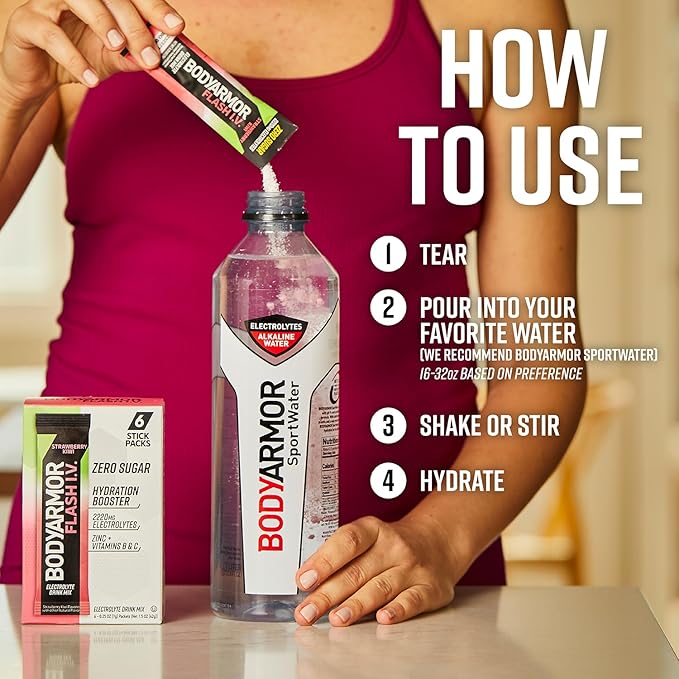 BODYARMOR Flash IV Electrolyte Packets,Strawberry Kiwi - Zero Sugar Drink Mix,Single Serve Packs,Coconut Water Powder,(Pack of 30)