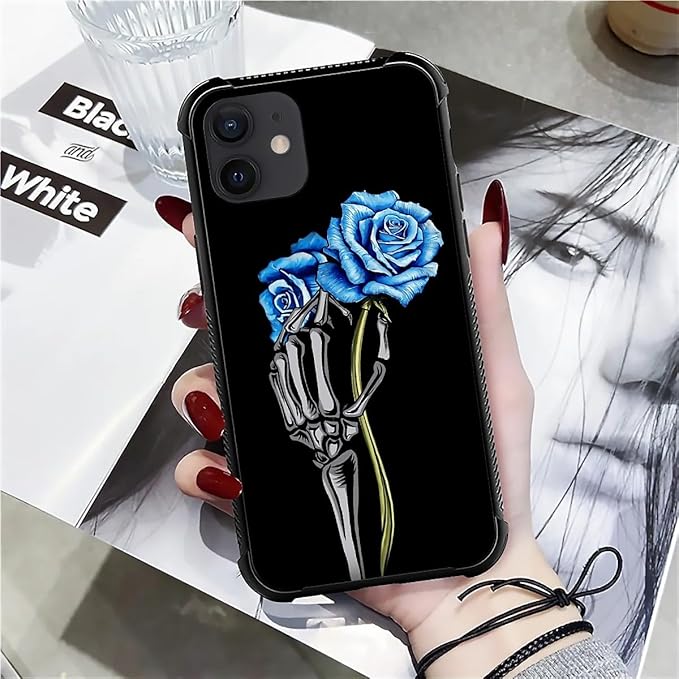 for iPhone 11 Case, Skeleton Holding Blue Rose Pattern Graphic Design Girl Boy Soft Silicone Hard Acrylic Shock Protection for iPhone 11
