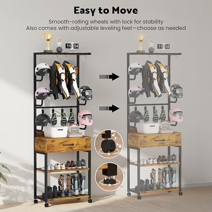 Kikihouse Freestanding Floor Mounted Helmet & Gear Storage Rack, Adjustable Organizer with Glove Clips, Hooks, Drawer & Shoe Shelf for Motorcycle, Cycling, Skiing Equipment