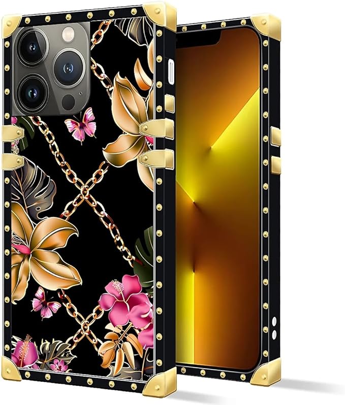 Compatible with iPhone 13 Pro Max Case, Pink Golden Chain Tropical Flower Luxury Golden Decoration for Girl Women Soft TPU Shockproof Protective Hard PC Back for iPhone 13 Pro Max
