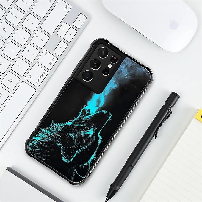 for Samsung Galaxy S21 Ultra Case, Blue Breathing Wolf Pattern Graphic Design Girl Boy Soft Silicone Hard Acrylic Shock Protection for Samsung Galaxy S21 Ultra