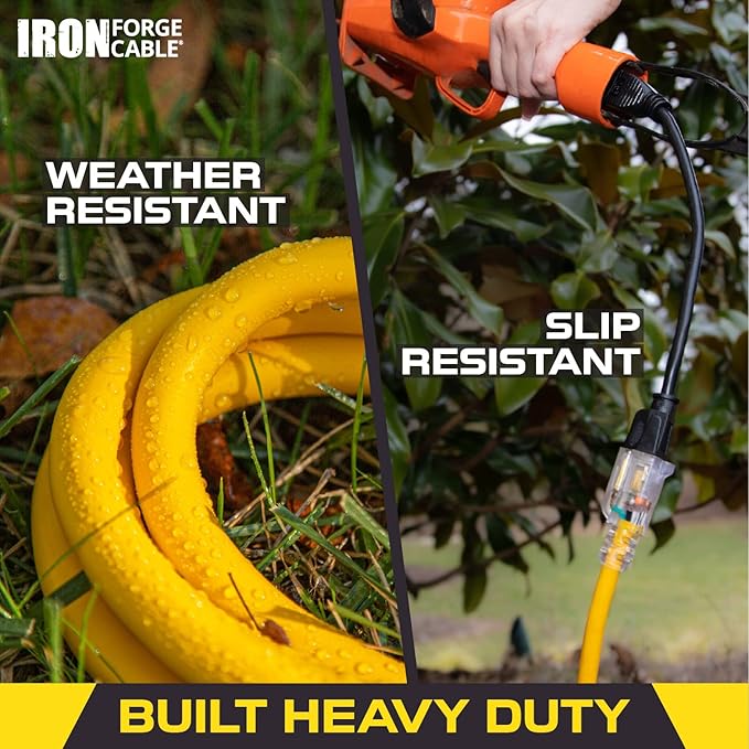 Iron Forge Cable Outdoor Extension Cord 10 Ft, 2 Packs - 10 Gauge Heavy Duty Extension Cord, 15 AMP, 10/3 Yellow Cable SJTW Weatherproof with 3 Prong