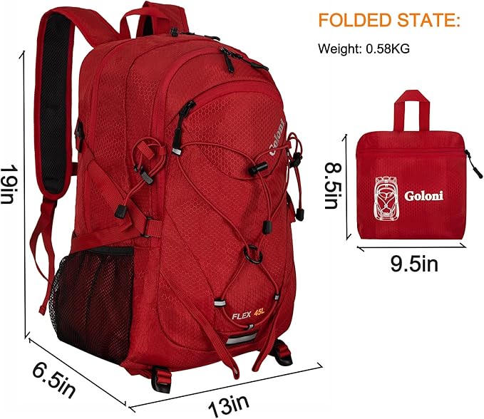 Goloni 45L Hiking Backpack Lightweight Foldable, Waterproof Camping Backpack with Rain Cover & Hiking Pole Mat Carrying System, Ergonomic Water Resistant Daypack for Trekking Travel Men Women Red