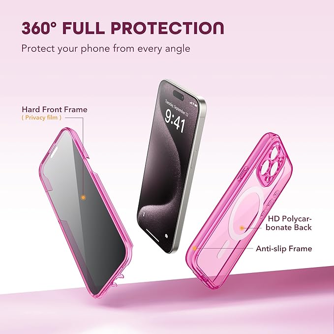 TIESZEN for iPhone 15 Pro Case, Compatible with MagSafe, Built-in Privacy Screen Protector and Camera Protection, Anti Spy Full Body Dustproof Shockproof Hard Phone Case 6.1", Bright Pink