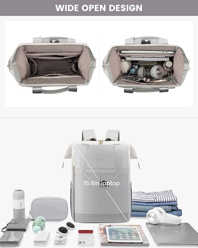 LOVEVOOK Laptop Backpack for Women, 15.6 Inch Work Laptop Bag with USB Port, Fashion Teacher Nurse Backpack Purse, Waterproof Travel Computer Backpack with Organizer Bag, 2PCS, Beige-Light Grey