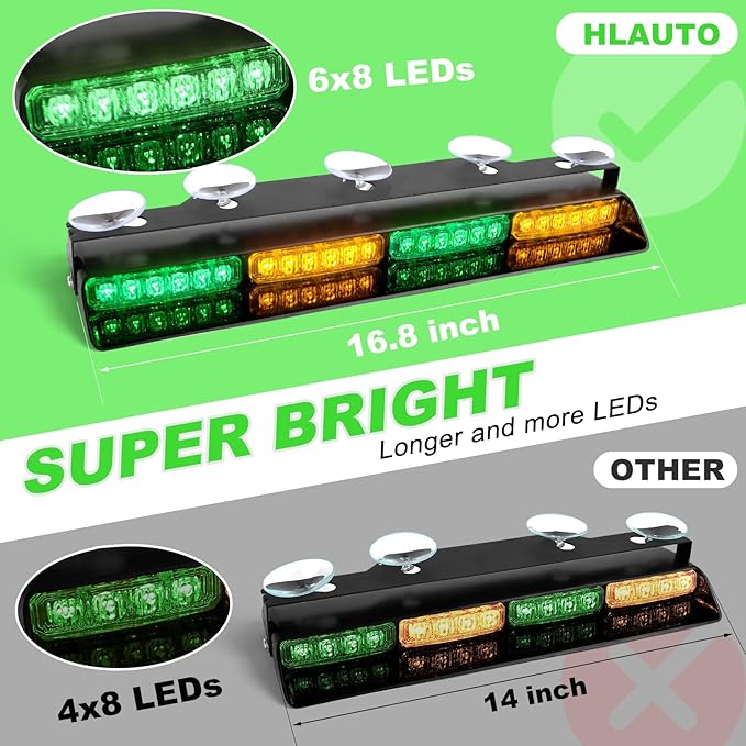 HLauto 604N Emergency Dash Strobe Lights: 2x16.8 inch Green Amber Security Light w/Take Down, 48 LED Safety Flashing Warning Hazard Interior Windshield Light Bar for Trucks Vehicles