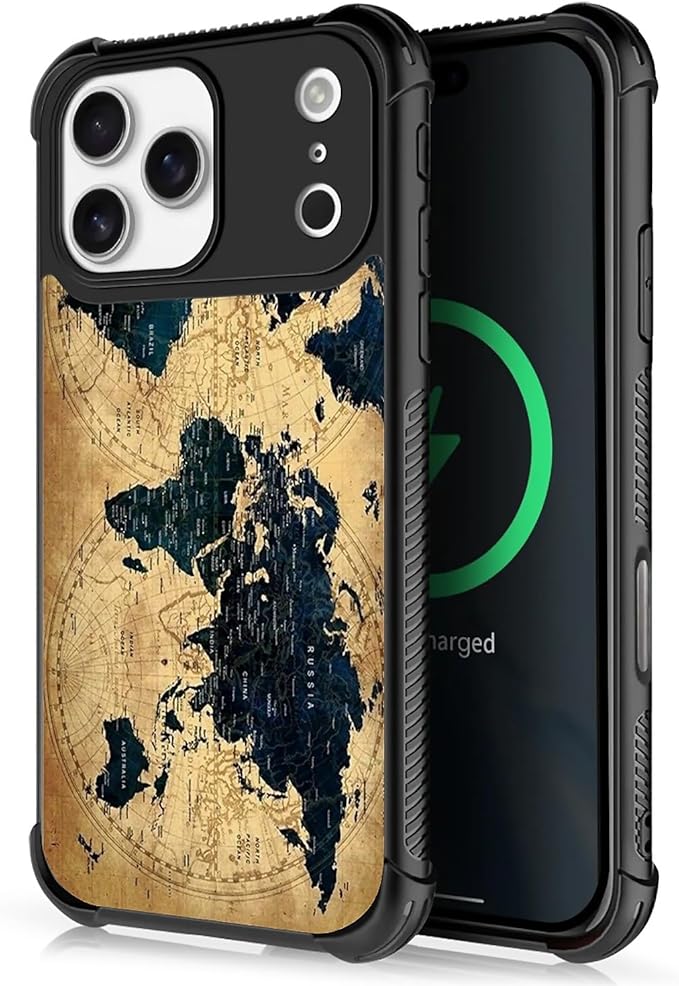 for iPhone 17 Pro Max Case,for MagSafe Graphic Design for Girl Boy Soft Silicone Hard Acrylic Shock Protection Designed for iPhone 17 Pro Max Brown World Map Pattern